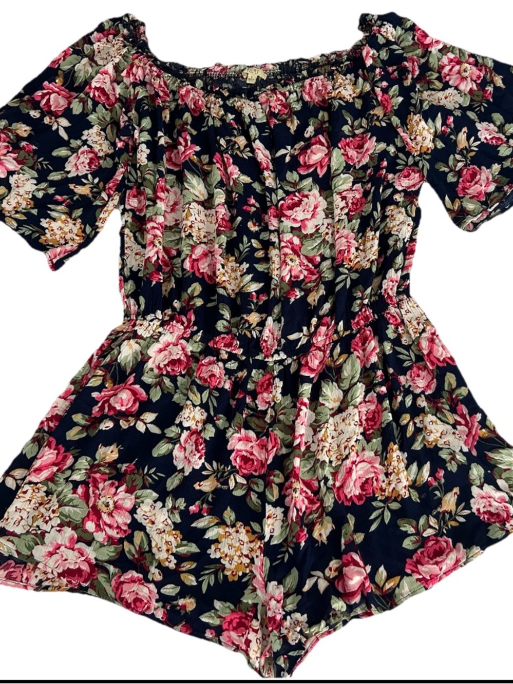 KORI America Floral Off-Shoulder Romper Navy Pink Roses Rayon Elastic Waist LG